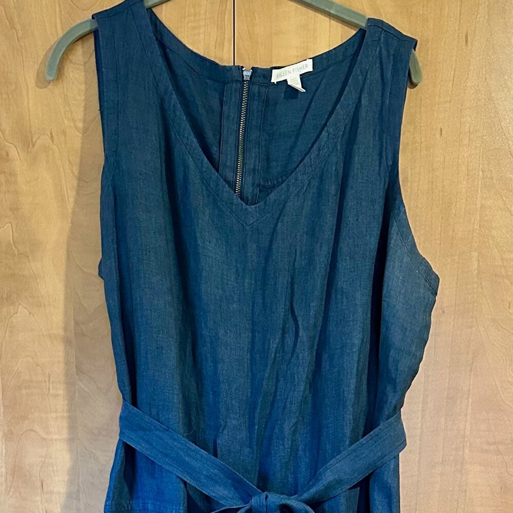 Eileen Fisher Blue Linen Wide Leg Jumpsuit Size XL
